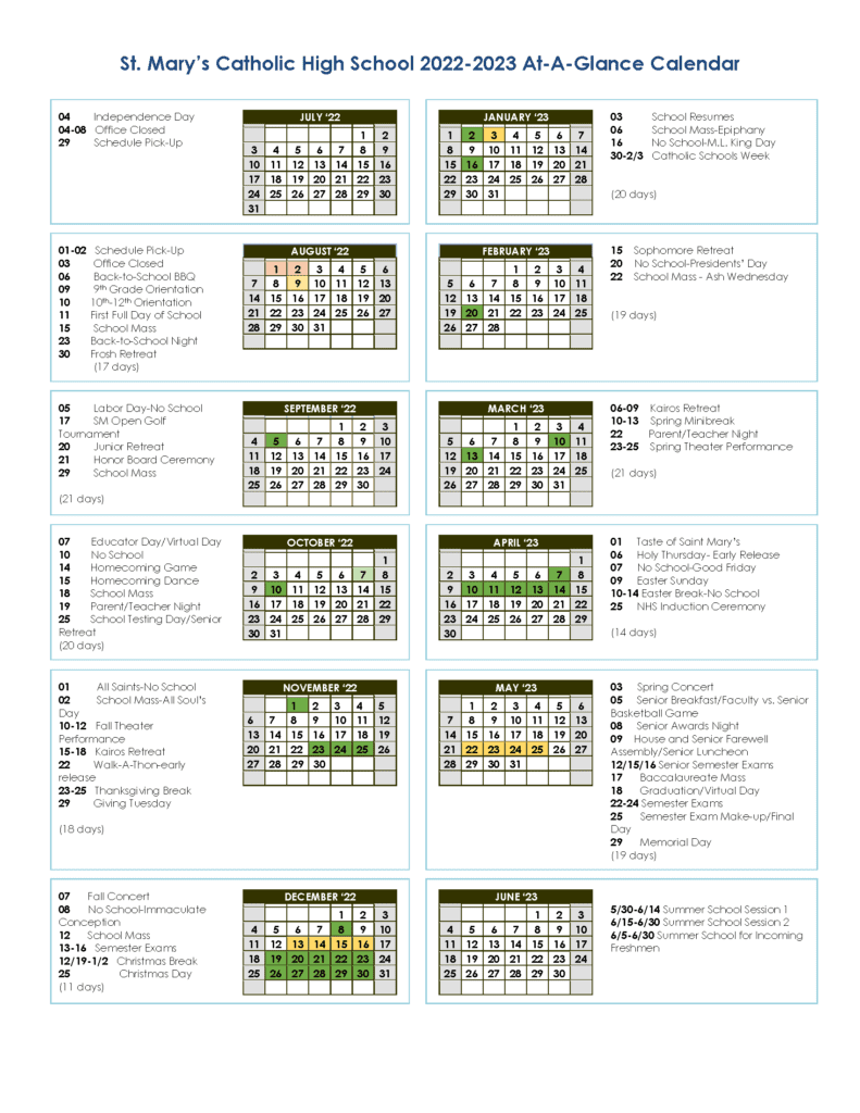 Calendar Saint Mary's Catholic High School